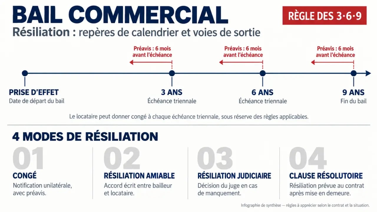 Bail commercial et résiliation : frise des échéances triennales et du préavis de six mois