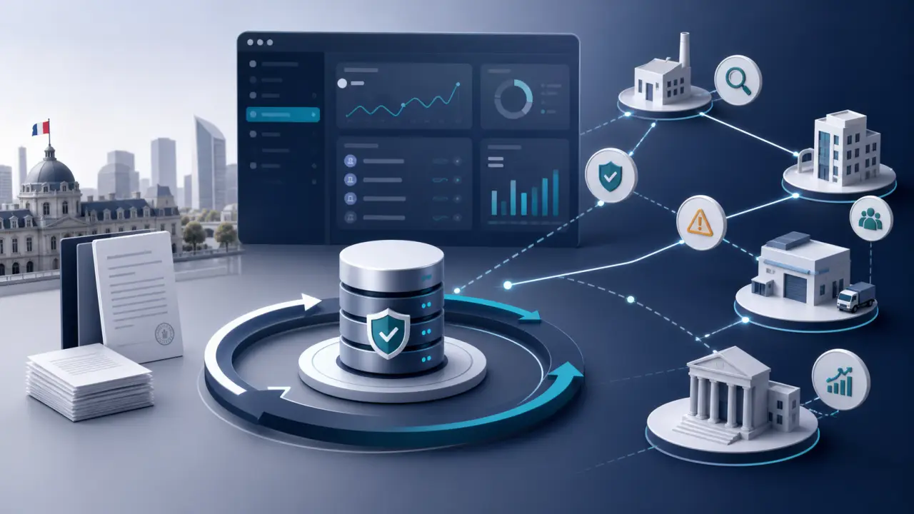 Visualisation 3D de flux de données légales et financières sécurisées