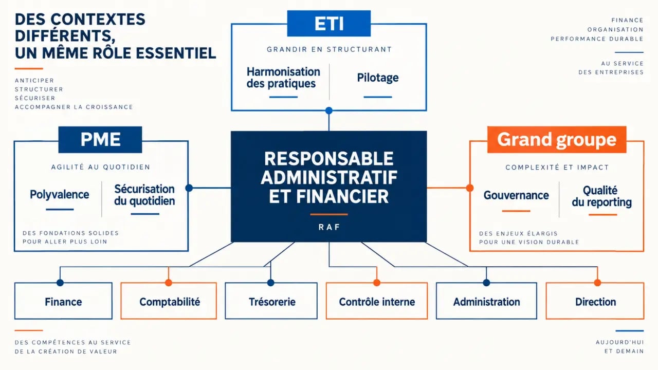 Infographie sur le rôle du responsable administratif et financier selon la taille de l’entreprise