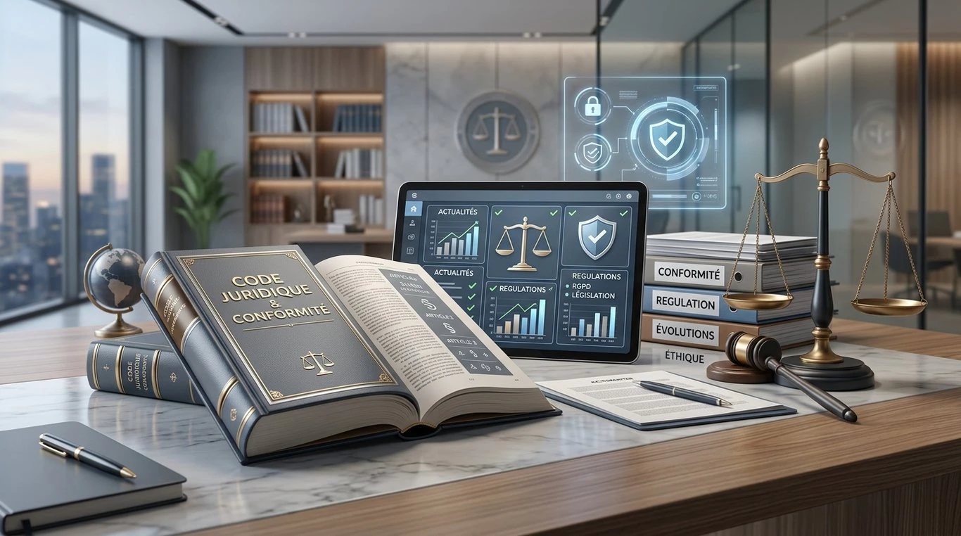Composition 3D abstraite illustrant les actualités légales et la conformité : livres de droit modernisés, tablette avec graphiques et loupe stylisée