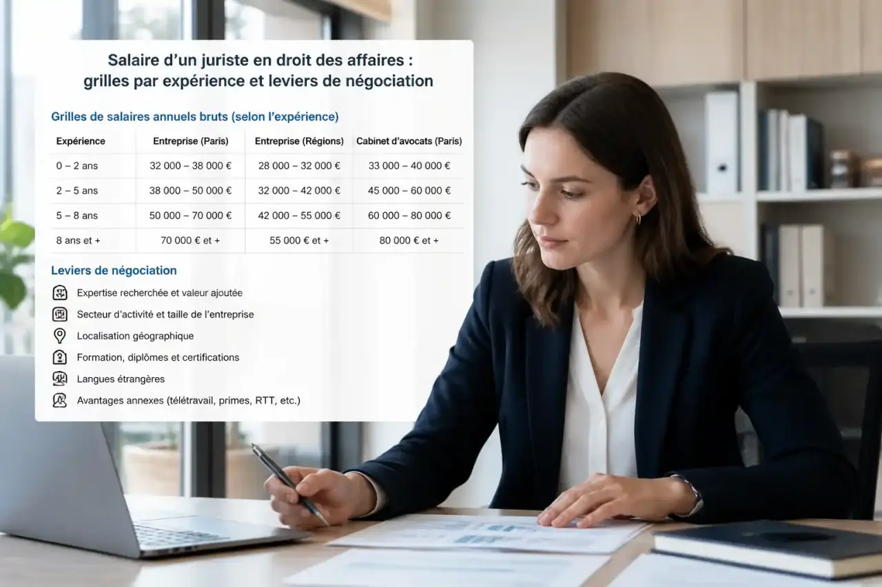 Salaire d'un juriste en droit des affaires : grilles par expérience et leviers de négociation