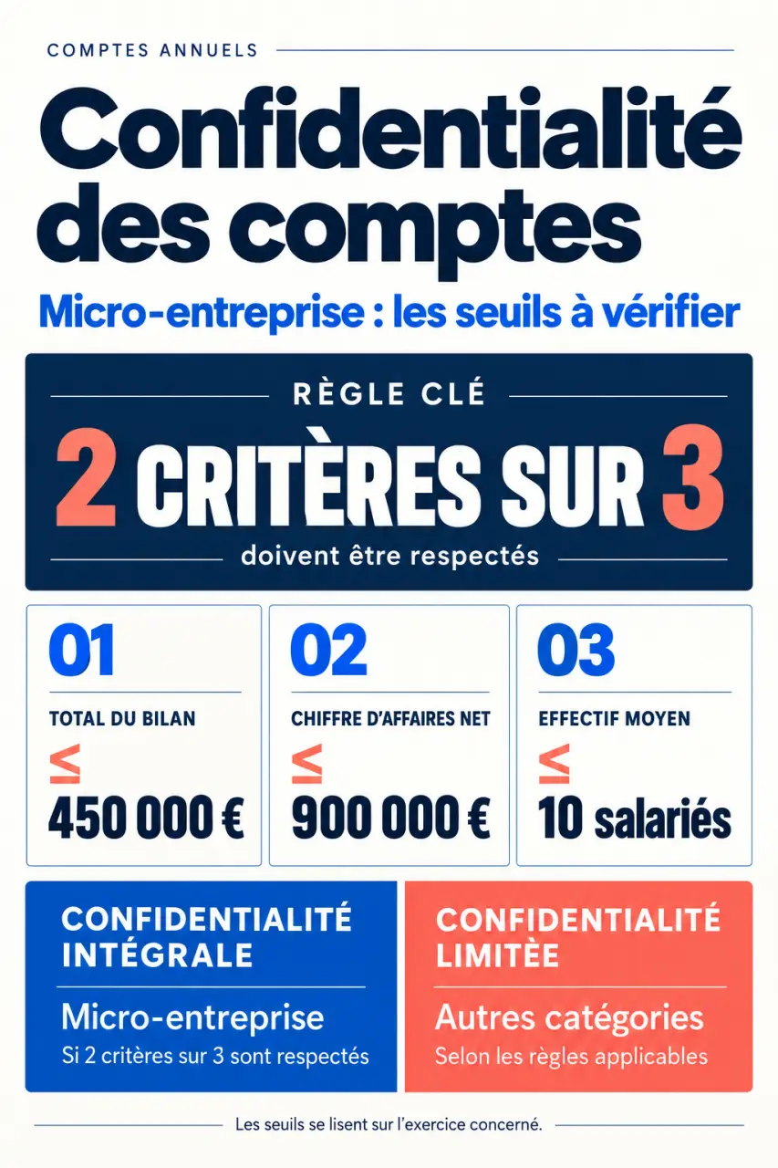 Infographie sur le seuil micro entreprise confidentialité et la règle des deux critères sur trois