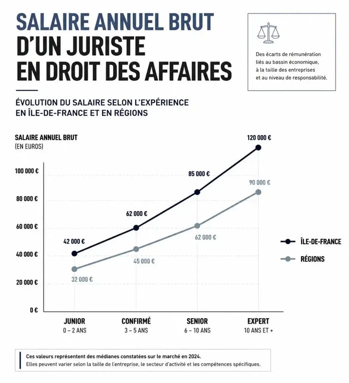 Graphique de progression salariale pour un juriste en droit des affaires selon l'expérience et la localisation