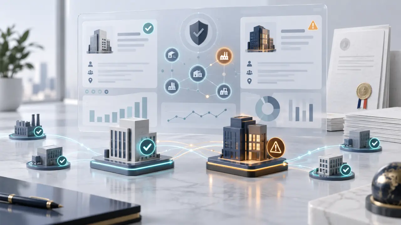 Interface de veille affichant des alertes RCS, des contrôles KYC et des indicateurs de risque tiers