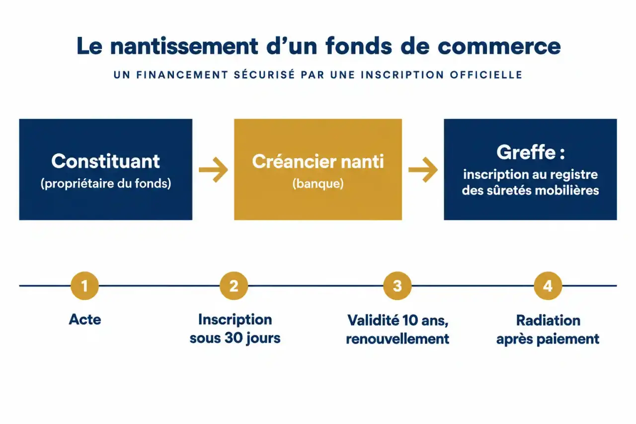 Schéma du nantissement d'un fonds de commerce : constituant, créancier, inscription au greffe, durée de dix ans et radiation