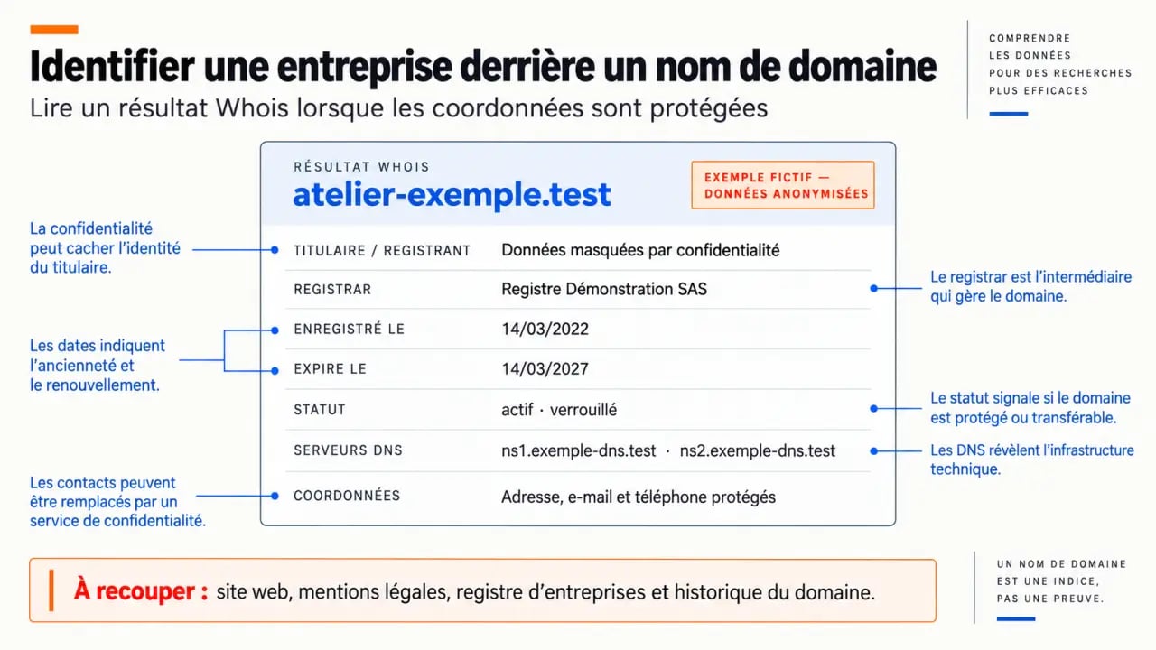 Nom de domaine entreprise derrière : exemple visuel d’une fiche Whois anonymisée et de ses principaux champs