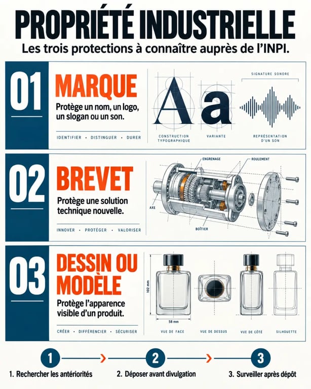 Infographie sur la propriété industrielle INPI : marque, brevet et dessin ou modèle