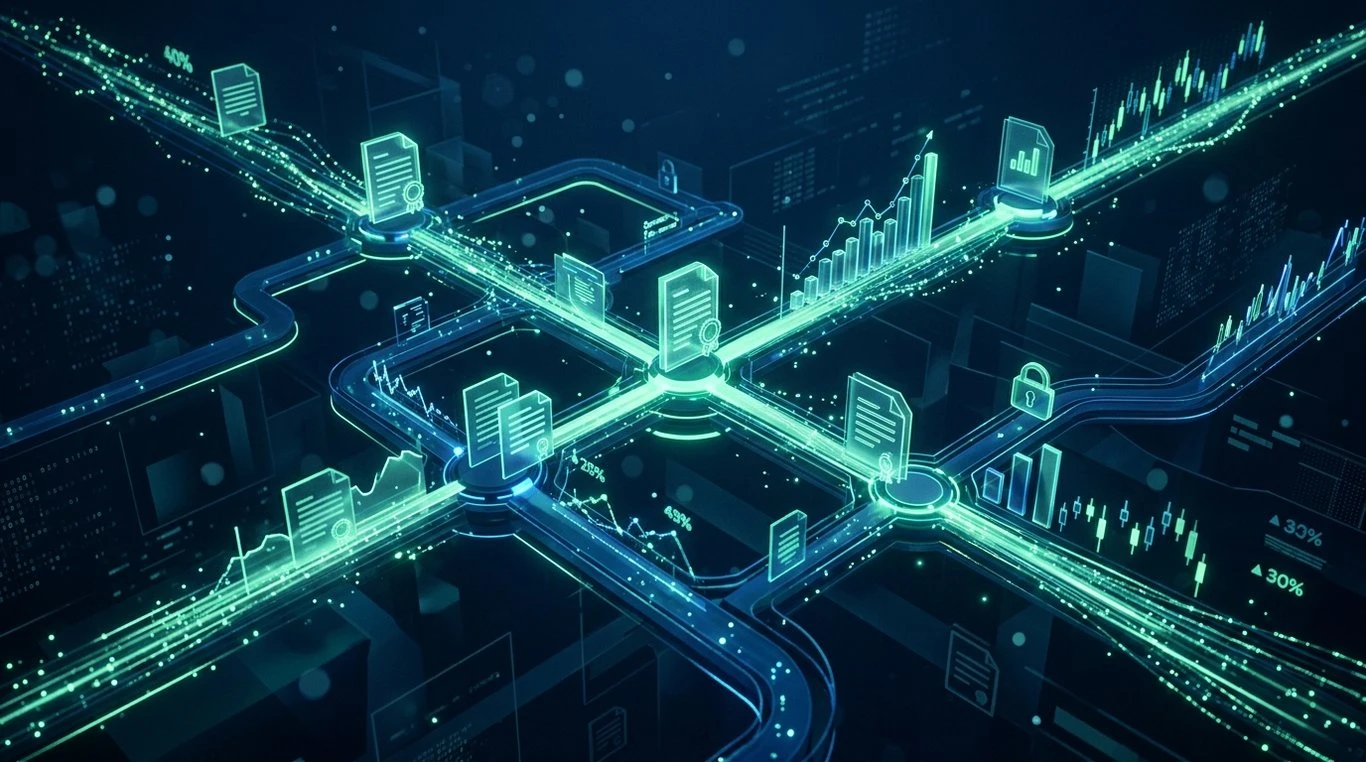 Dashboard SaaS Veille Registre affichant des données financières et légales en 3D