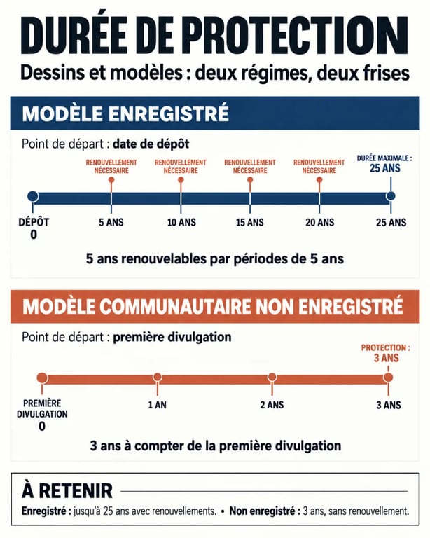 Infographie sur la durée de protection des dessins et modèles enregistrés et non enregistrés