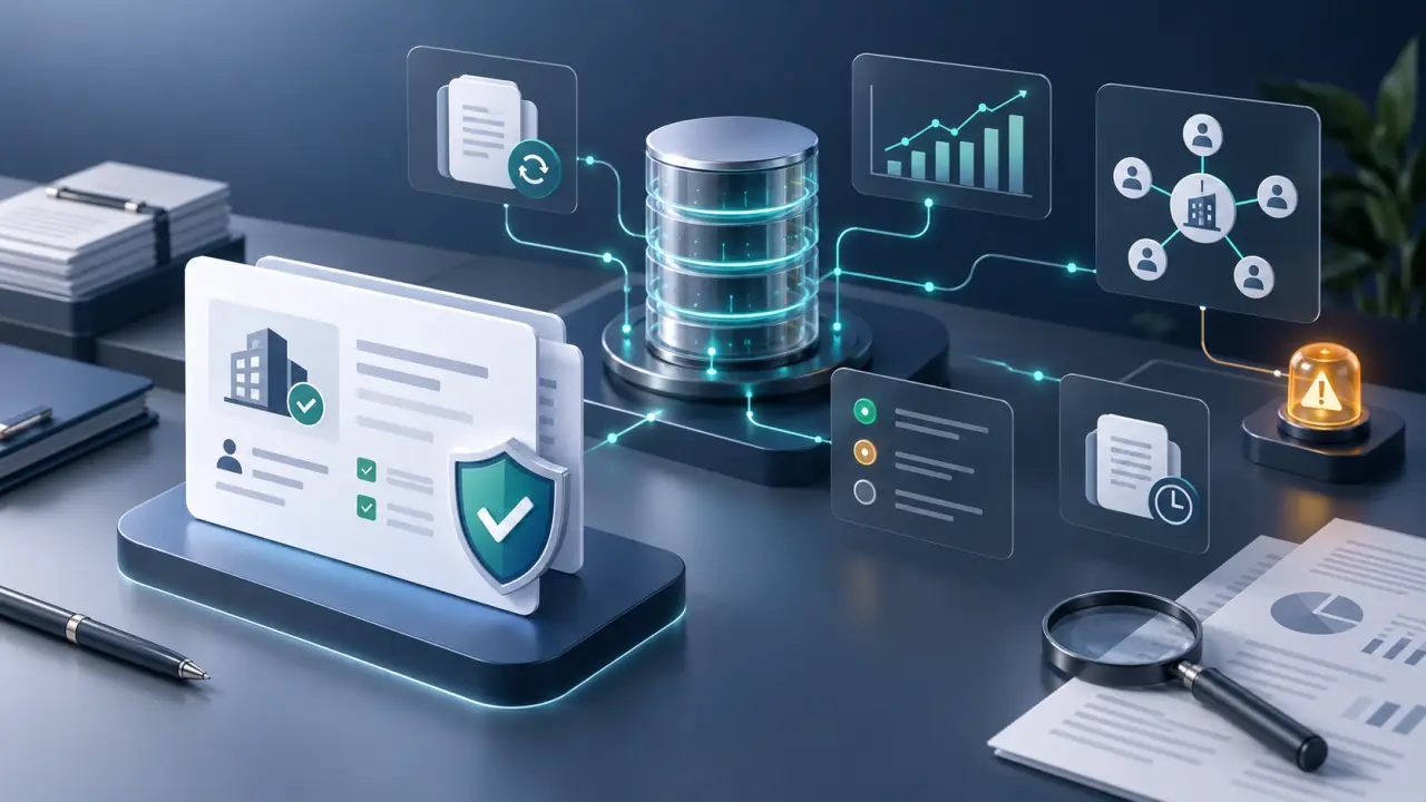 Interface de veille affichant des alertes KYC, RCS et financières sur des entreprises